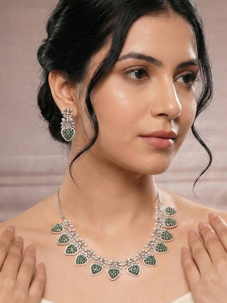 Antique Silver Plated Pearl Studded Cocktail Bridal Statement Jewellery Set : SJNK2991