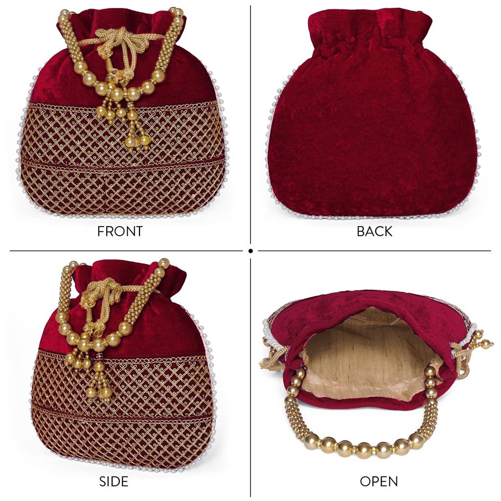 Zari Sequence Potli Bag With Beads Motif Handle For Women Handmade Handbag Stylish Bride Fashion Wristlet Bag For Girl : P197M-F