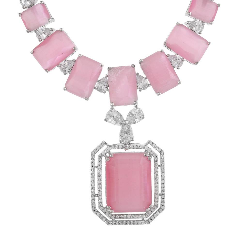 Sparkling Elegance Radiant Soft Pink American Diamond Necklace Set : 8905124532968