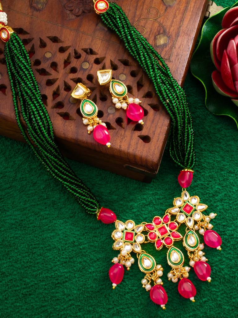 Green Beaded Multi-Strand Kundan Necklace Set With Pink Drops And Meenakari Pendant : NK4728