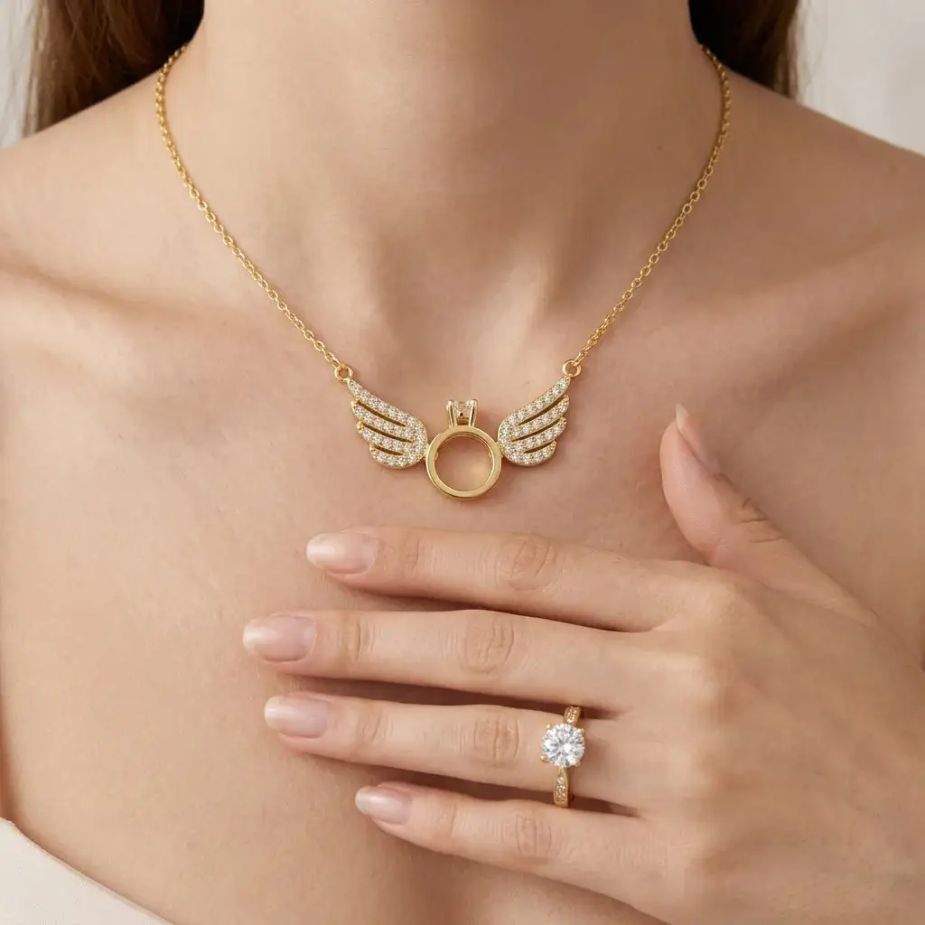 Gold Angel Wings Necklace And  Gold Tone Ring Set For Mother : NRC-252-G-2