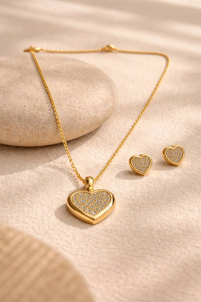 Gold-Tone Crystal Heart Necklace & Stud Earrings Set : NEC-999-A8061