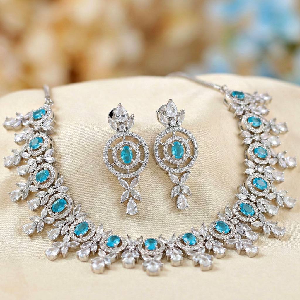 Silver-Tone American Diamond Necklace Set With Earrings For Women – Office, Party & Wedding Wear : 1717-K4SA-2242-F-S