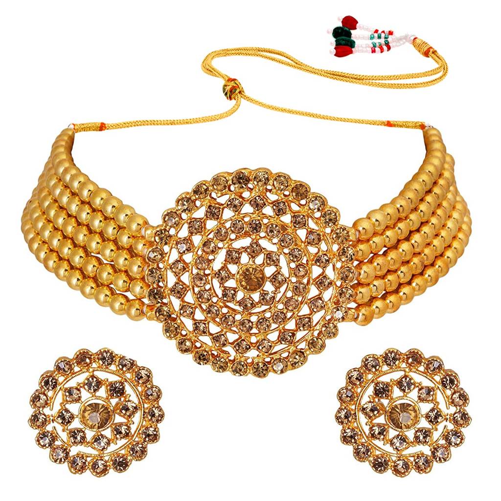 Gold Plated Brass Pearl Diamond Choker Necklace With Round Earrings Traditional Jewellery Set Gift For Women : PF26N1374LCT