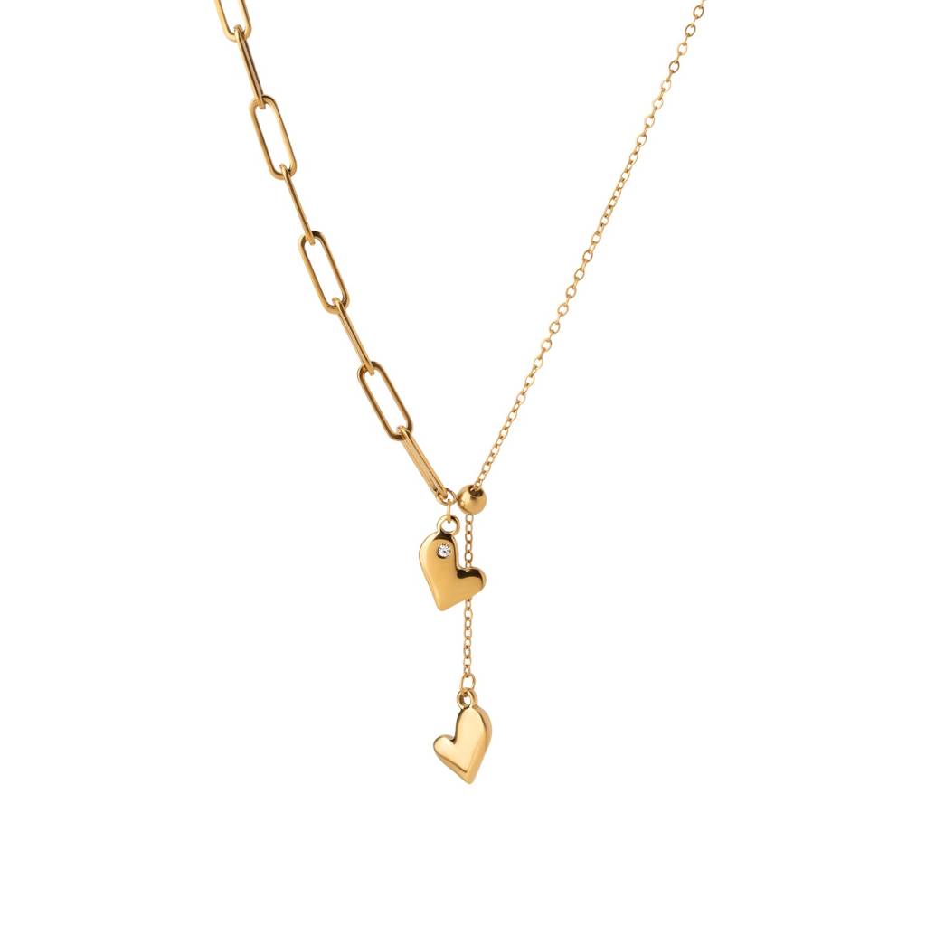 Dual Heart Link Chain Necklace For Women - Waterproof & Anti-Tarnish : NK0249