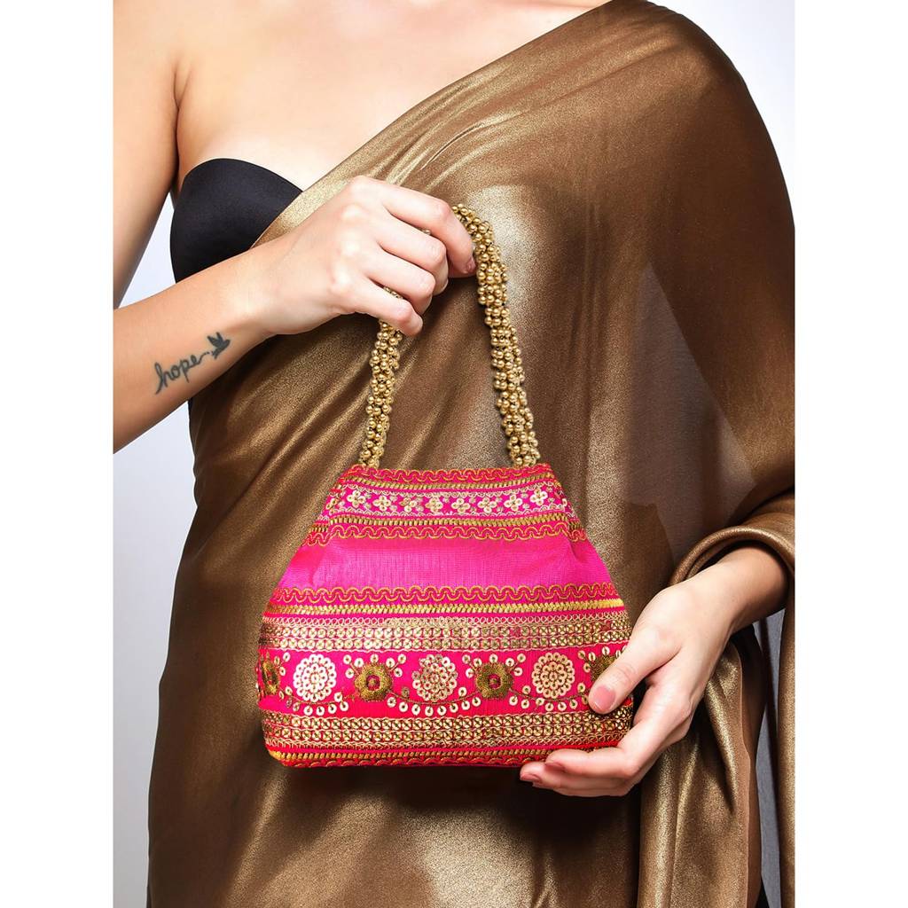 Potli Purses For Women Handmade Evening Handbag Stylish Bridal Fashion Wristlet Bag For Girls (P185Pch) : P185RP