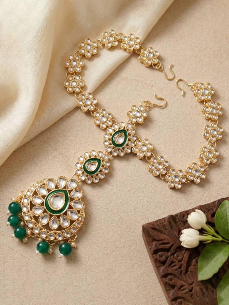 Bridal Kundan Jewellery Set With Hathphool & Nath : 2541-IZK-554-G