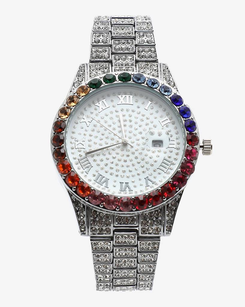 White & Colourful Stones Analog Round Dial With Crystal Stones Silver Metal Strap : HSWC1005