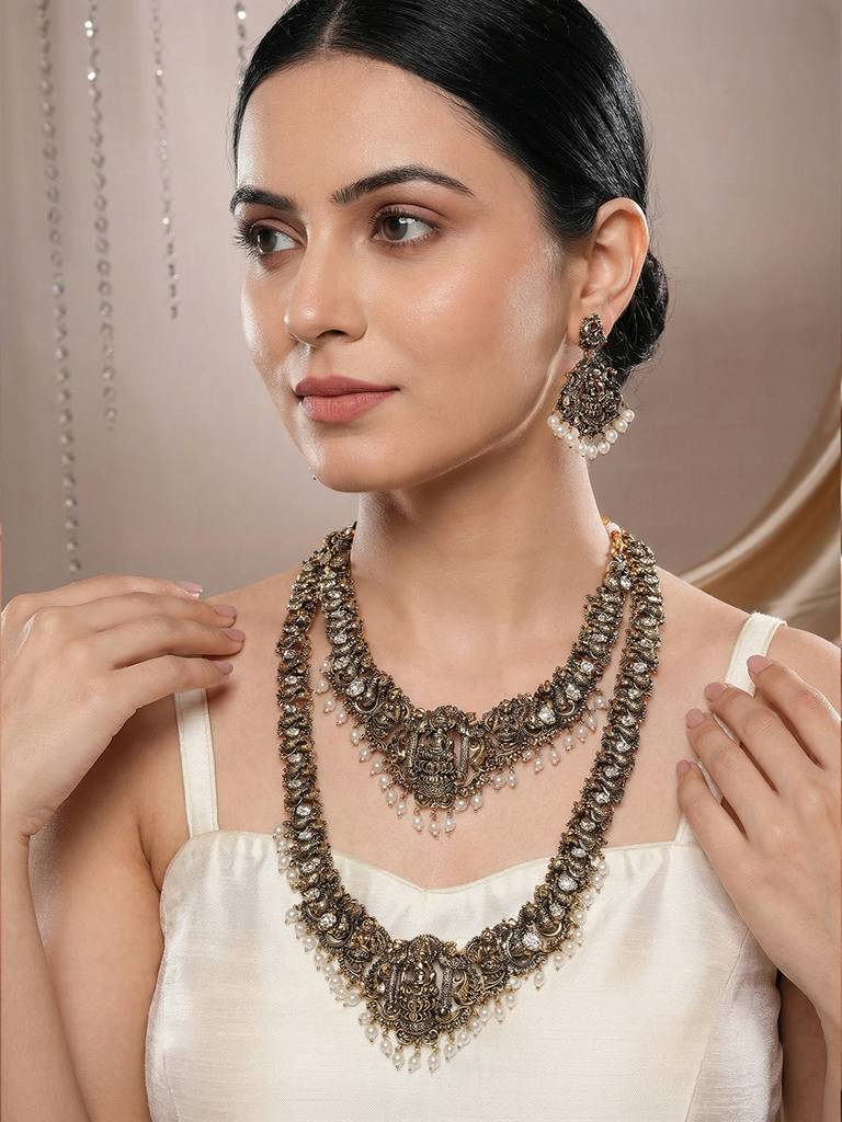 Combo Black Gold Victorian Zircon Temple Lord Krishna With Peacock Motif Bridal Jewellery Set : SJNK2995