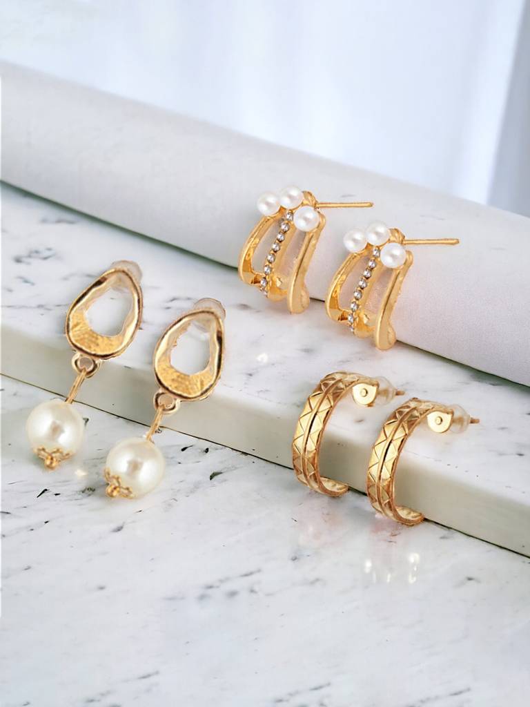9 Pairs Combo Earrings- Gold Plated Studs, Earcuff And Drops : 195-CHEX-1013B-9