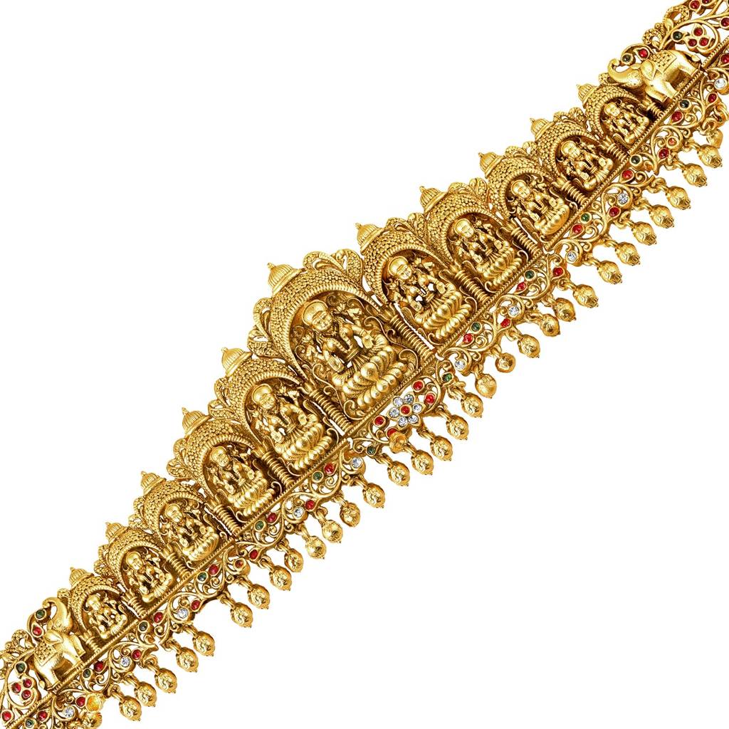 Gold Plated Faux Ruby Faux Emerald Studded Divine Goddess Laxmi Accent Kamar Patta Kamarbandh Belly Chain Jewell : PF47BCH01RG