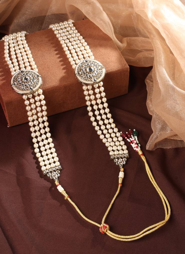 Luxurious Flower Design Pearl 5 String White Stone Kundan Antique Gold Plated Long Haram Necklace Mala For Women : 6ML02_WHITE