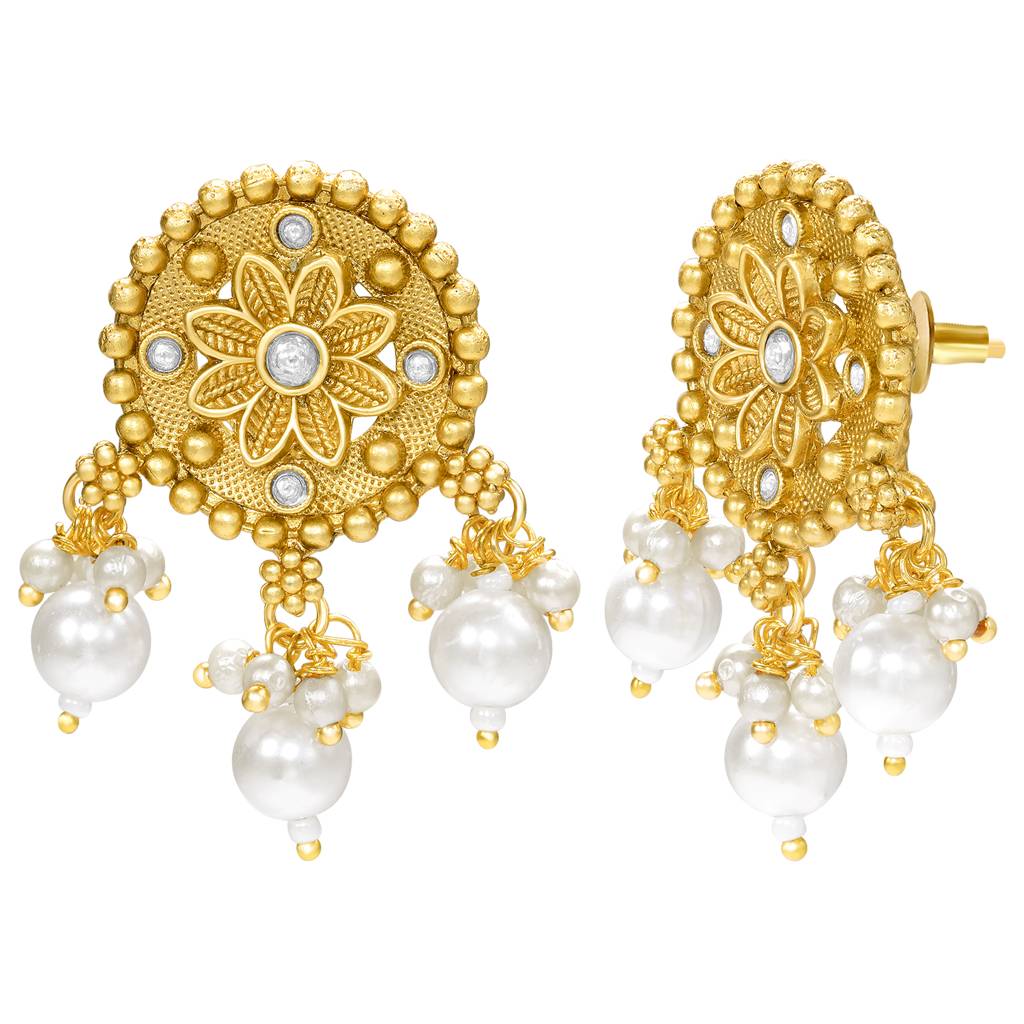 Women'S Gold Plated Ethnic Necklace Earrings Set Beads & Cubic Zirconia Studded Festive & Bridal Jewellery Anniver : PF104N27G