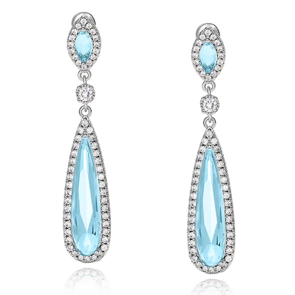 Silver Plated Cubic Zirconia & Sky Blue Crystal Studded Long Teardrops Earrings Fashion Jewellery For Women & Girls : PX9E3028SB