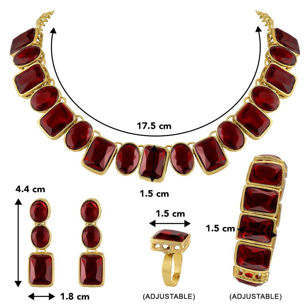 Peora Gold Plated Square Crystal Necklace With Drop Earrings Bracelet Finger Ring Indian Traditional Ethnic Jewelle : PF24N18M