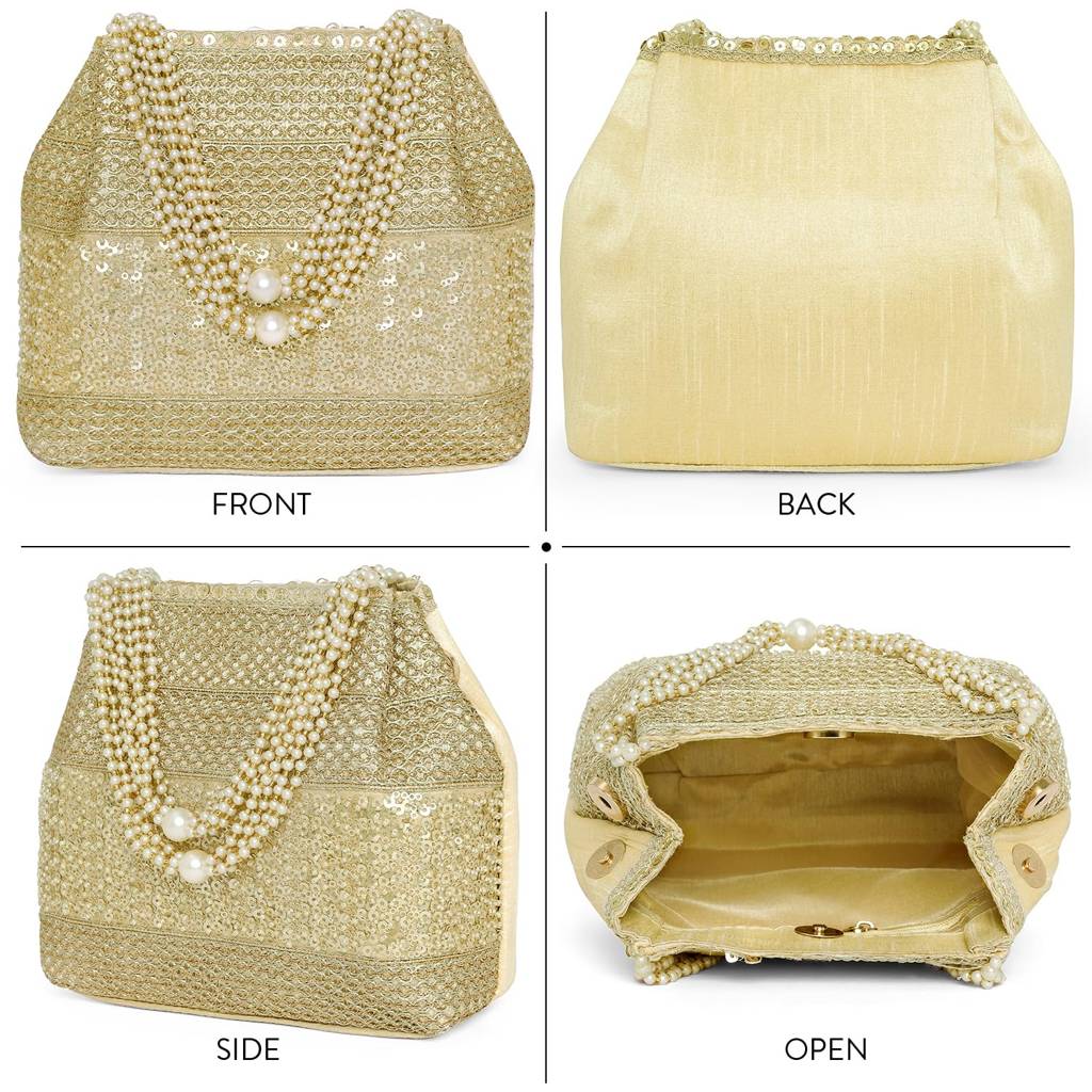 Golden Potli Zari Sequence  Purse For Women Handmade Handbag Wristlet Bridal Bag : P95G-F-1