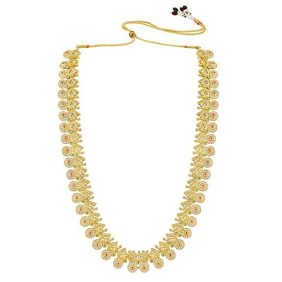 Ethnic Long Necklace Earrings For Women & Girls Gold Plated Cubic Zirconia Studded Festive Temple Jewellery Birthd : PF47N45RG