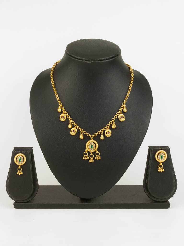 Gold-Plated Teardrop Stone Necklace Set For Women | Green & Pink Ethnic Jewellery With Earrings | Bridal & Festive Wear : NK4807