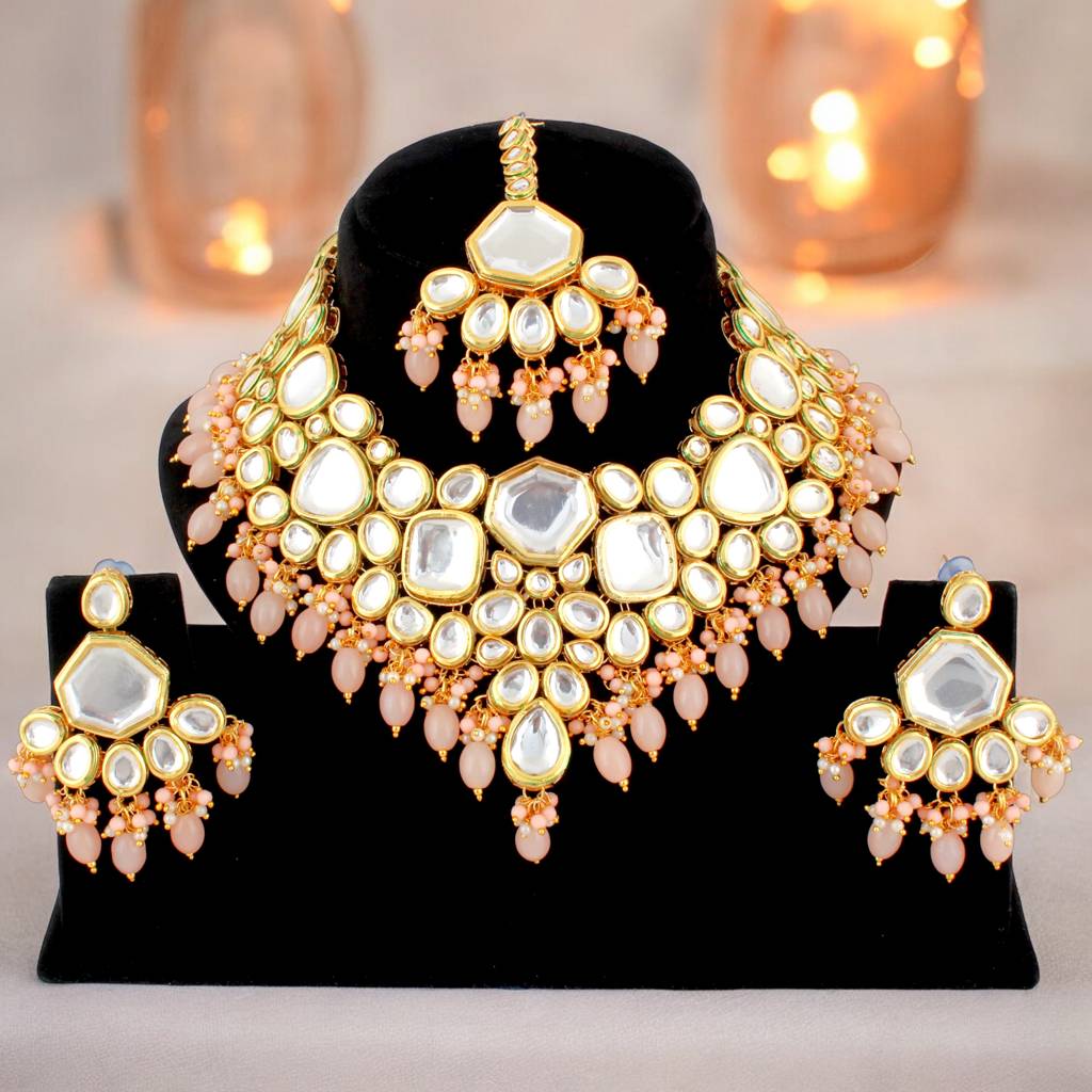 18 Kt Gold Plated Bridal & Semi-Bridal Necklace Set With Earrings & Maang Tikka : 3947-J5SK-1574-PH
