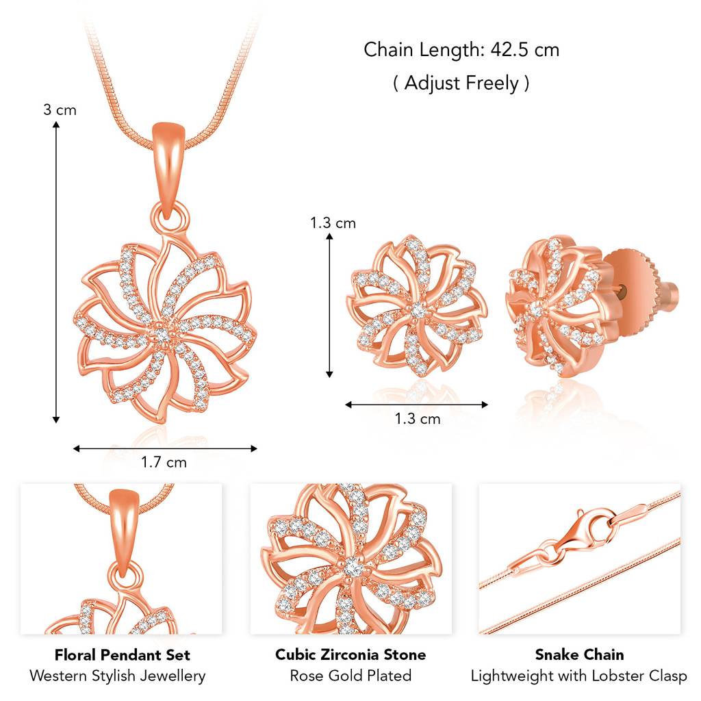 Peora Cubic Zirconia Studded Floral Pendant Chain & Stud Earrings Western Stylish Jewellery Set Gift For Women : PF54PS46C