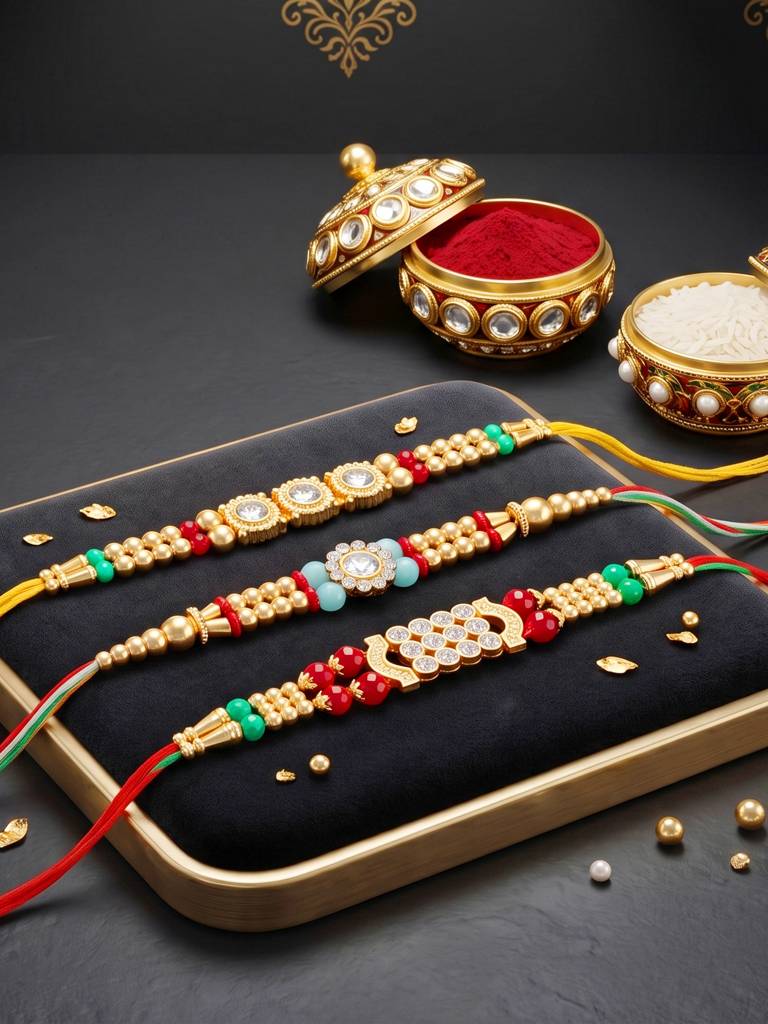 Lucky Jewellery Set Of 3 Rakhi With Small Crystal Centerpieces, Gold-Tone & Colored Beads, Roli Chawal & Card : 48-S7R1-2312-3