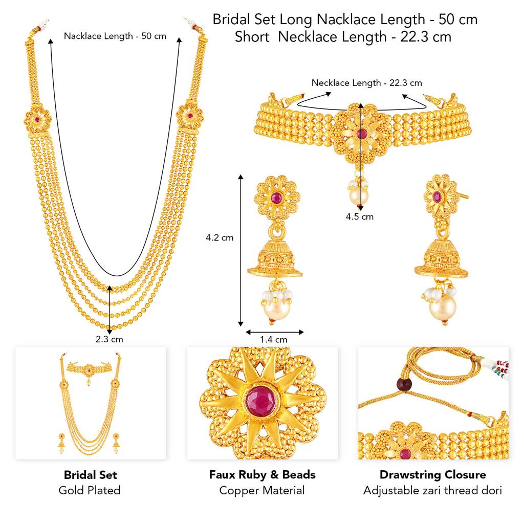 Peora Gold Plated Faux Ruby & Beads Studded Short & Long Necklace Earrings Ethnic Bridal Set Jewellery For Women  : PF04BR03RP