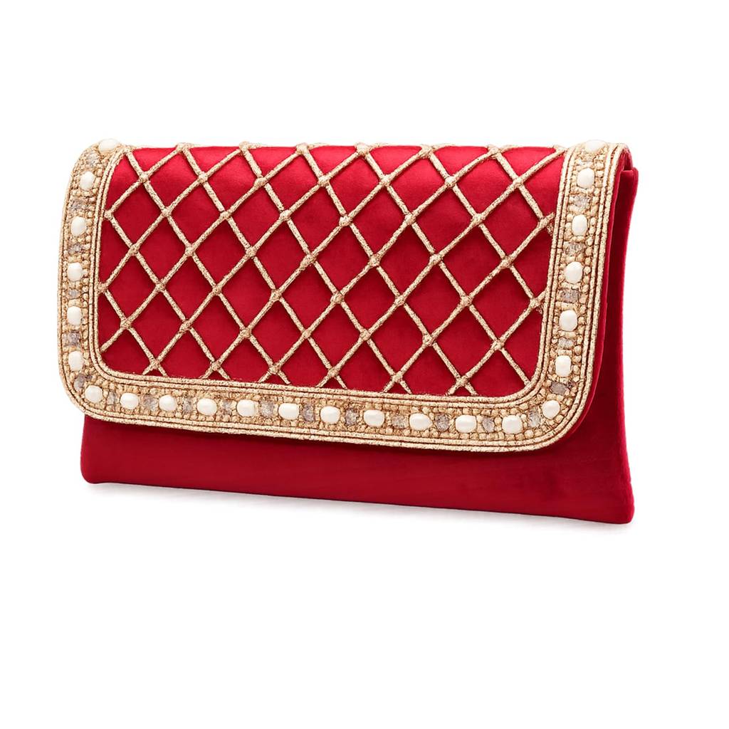 Quilted Pearl Embellished Clutch Bag For Women | Gold Beaded Strap | Wedding Festive Evening Purse : C189M