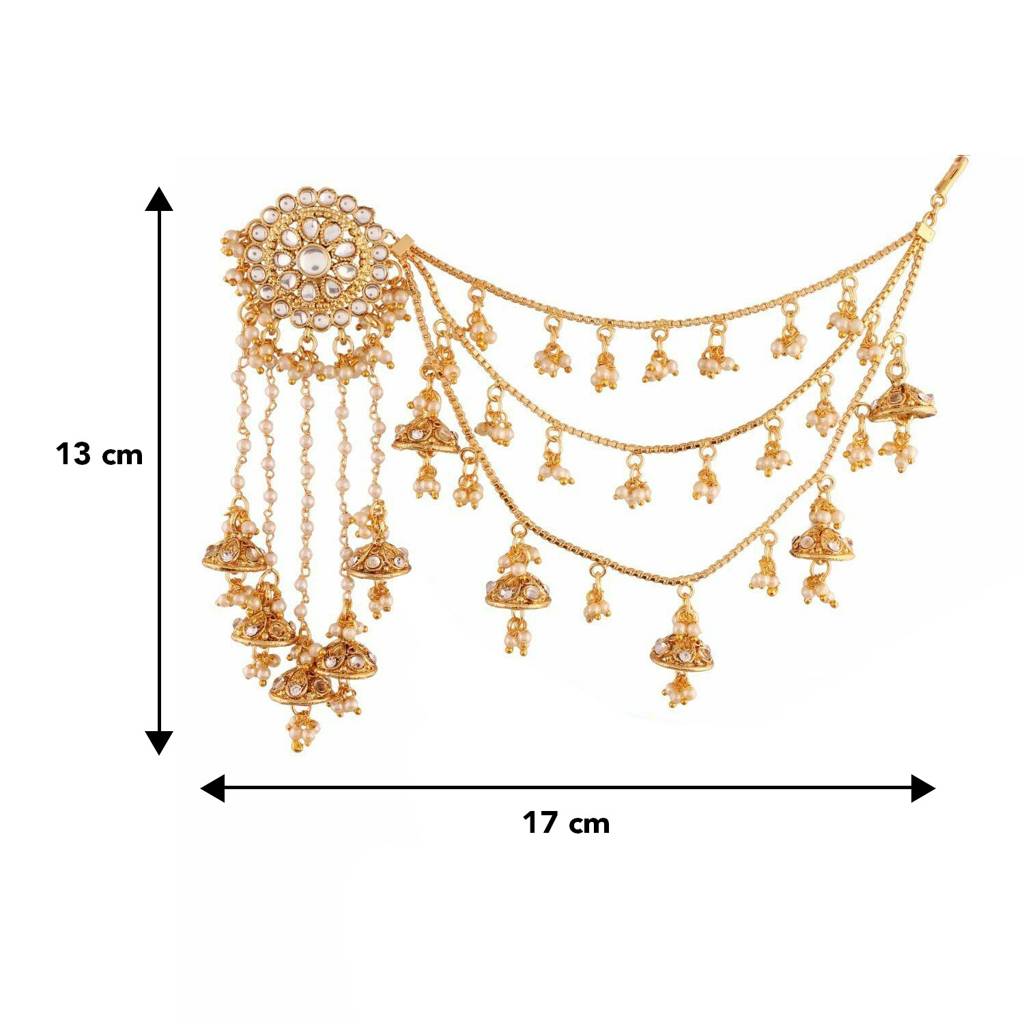 Peora Women'S Gold Plated Brass Pearl And Kundan Bahubali Earrings With Hair Chain, Gold : PF37E2610FL