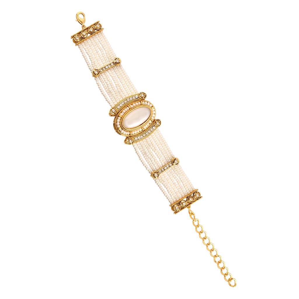 Kundan Opulance Whitesmoke Oval Cz-Pearl Beaded Yellow Gold-Plated Bracelet : 8905124585452