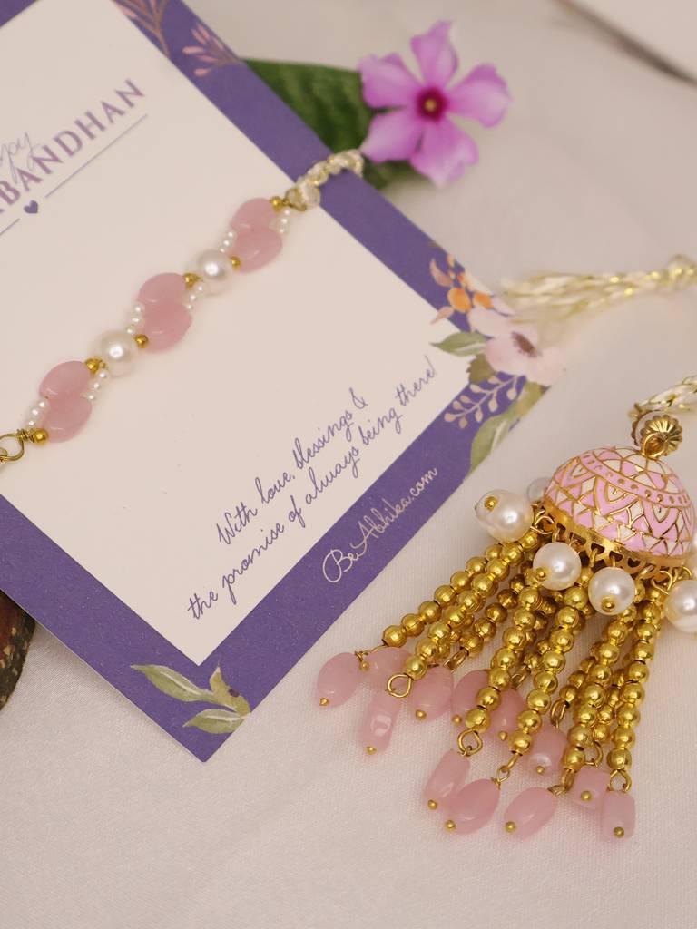 Blush Pearl Tassel Bhai Bhabhi Rakhi Lumba Set With Roli Chawal Capsules : ACJR207-ACRL207
