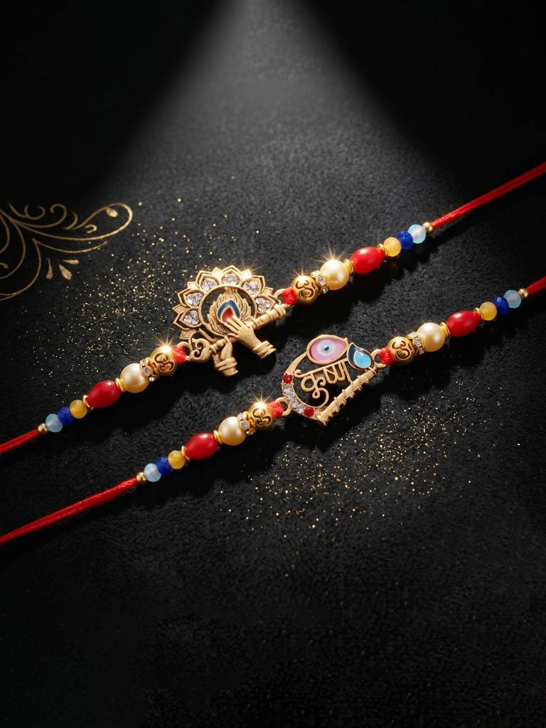Set Of 5 Traditional Divine Rakhis For Bhai | Beaded Radha Krishna & Khatu Shyam Threads | Raksha Bandhan Gi : 360-S5R1-2306-5