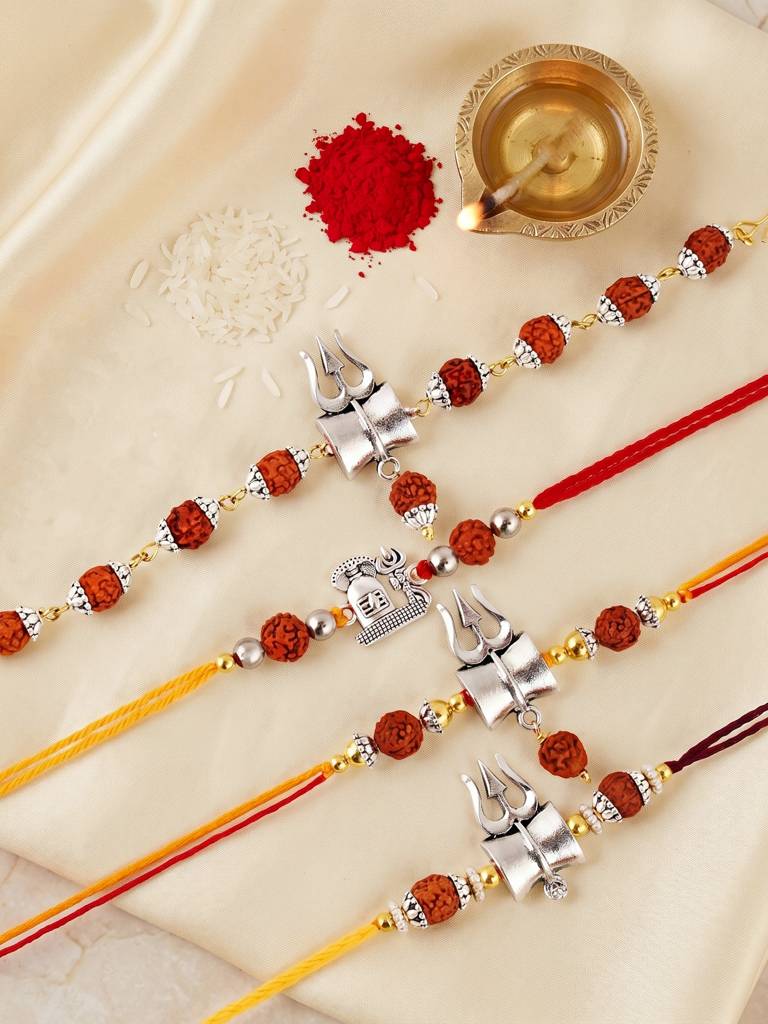 Rudraksha Rakhi Set Of 4 For Brothers With Silver Trishul Design With Roli, Chawal & Card (241-Jpr1-1 : 241-JPR1-1982-S-4-2026