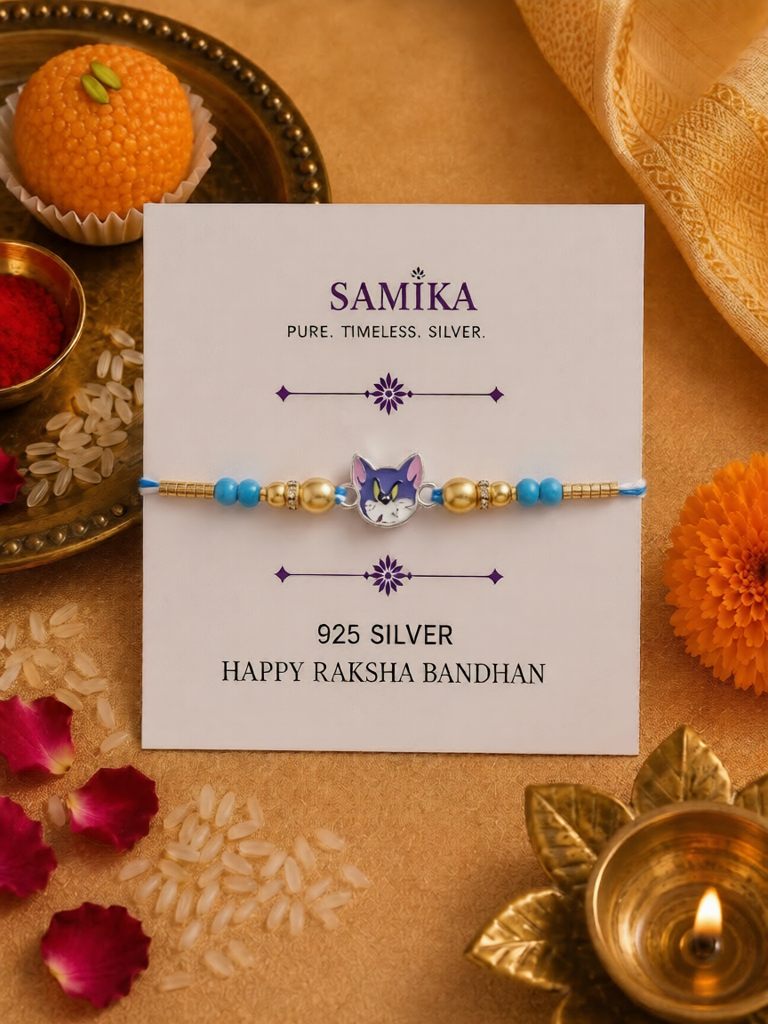 925 Sterling Silver Tom Cartoon Kids Rakhi With Roli-Chawal Set : SMK-RKH-021