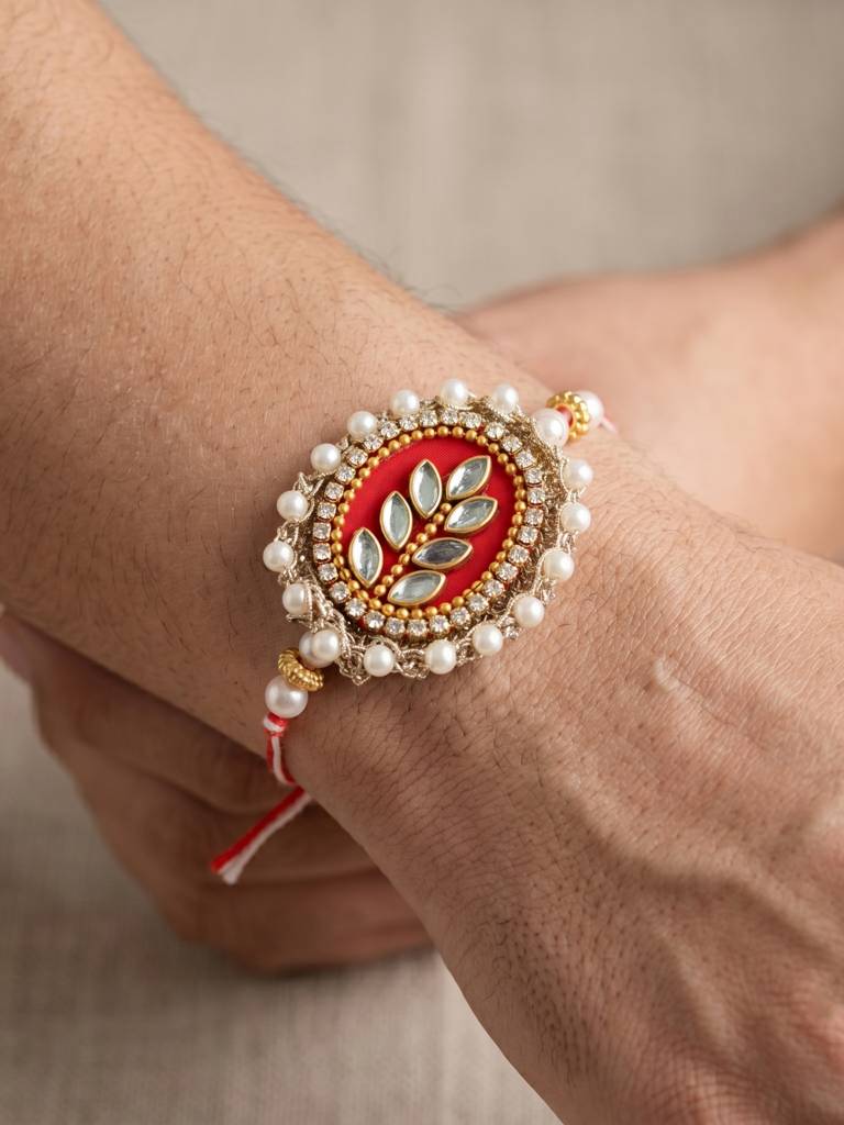 Designer Red Kundan Bhaiya Bhabhi Rakhi Set | Gold Lumba Tassel & White Beaded Matching Rakhi : 216-S7R1-PJ7001-M