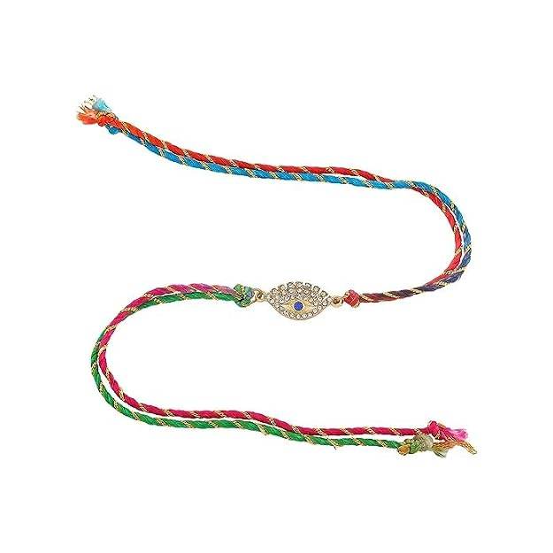 Gold Plated Sacred Evil Eye Rakhi With Austrian Crystals & Enamel And Multi Colored Silk Thread : 132-IG-RAKHI