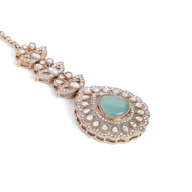 Aanantya Mint Green Layered Necklace Set With Maang Tikka : OSJJ-025-IG-NKERTK