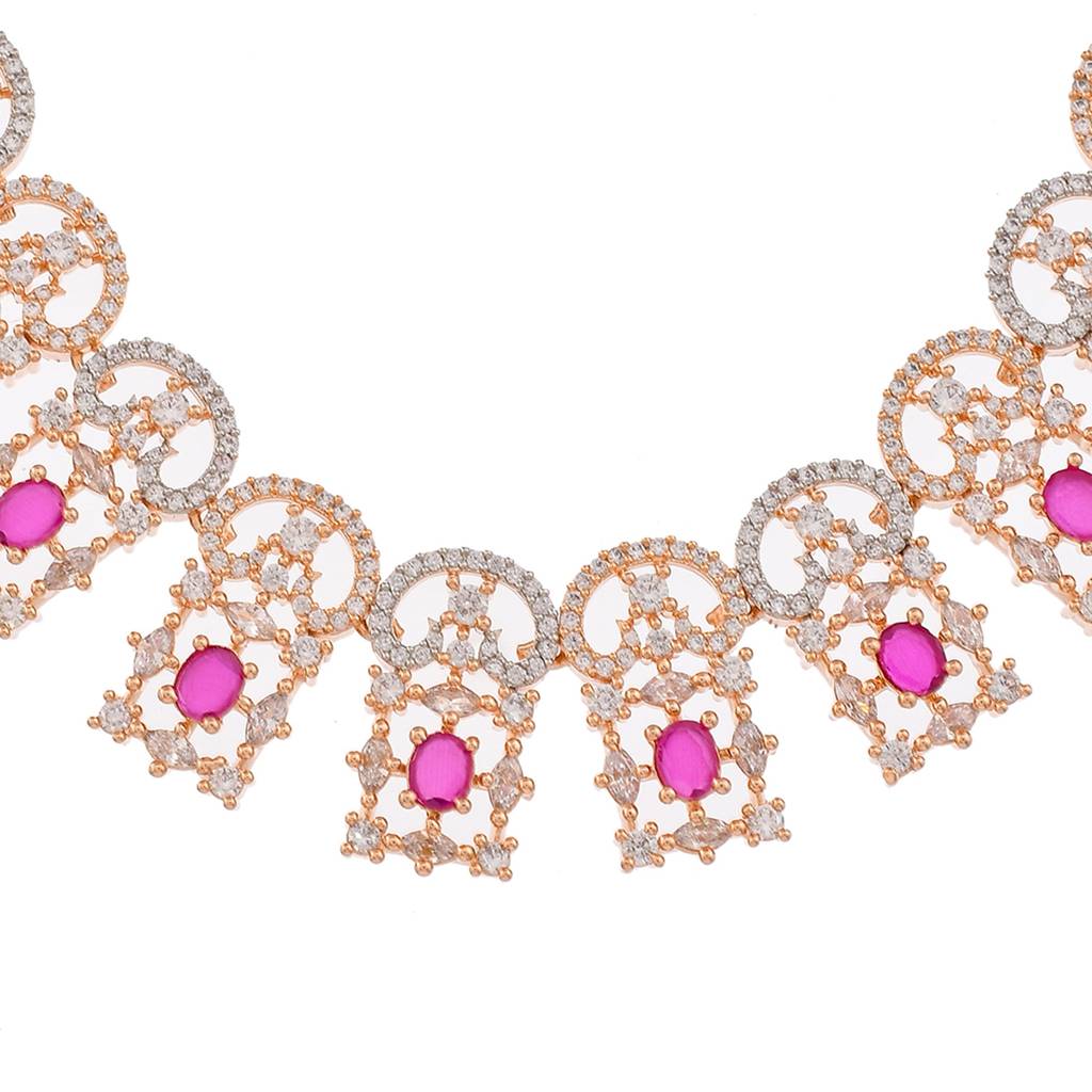 Cz Elegance Rose Plated Ruby Red Necklace Set : 8905124477726
