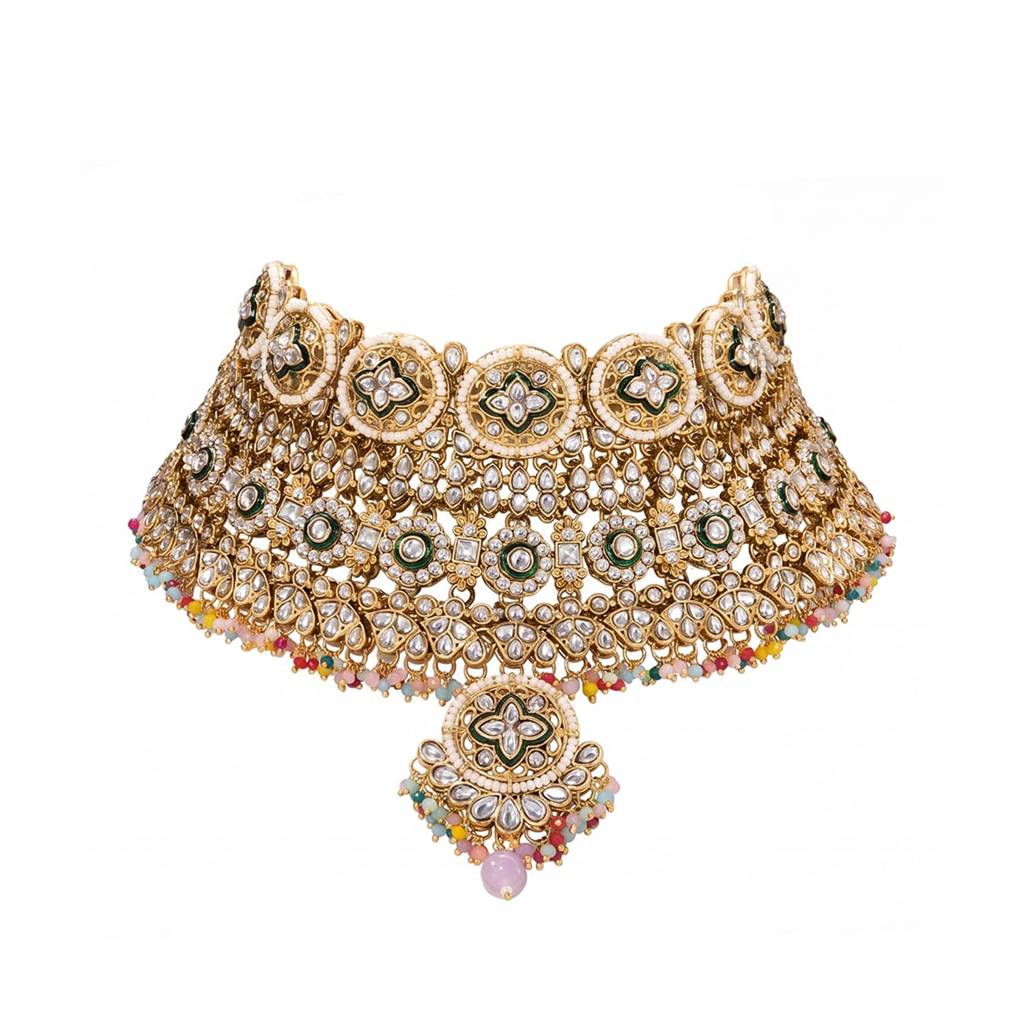 Gold Plated Ethnic Necklace Earrings Set For Women | Kundan & Beads Studded | Festive & Bridal Maharani Jewellery : PF108N02ML