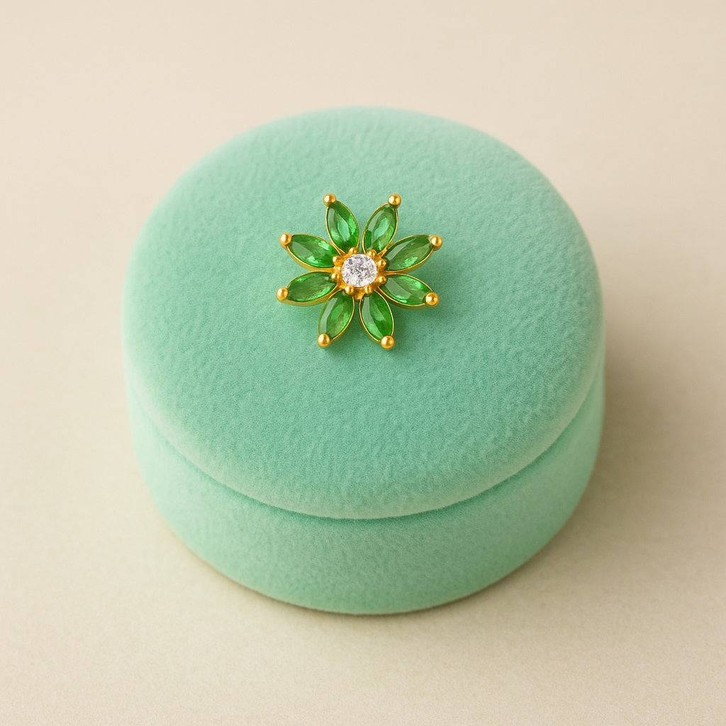 Green Cz Daisy Floral Design Nose Pin - Sterling Silver Gold Plated : NP-00087_925S_YG