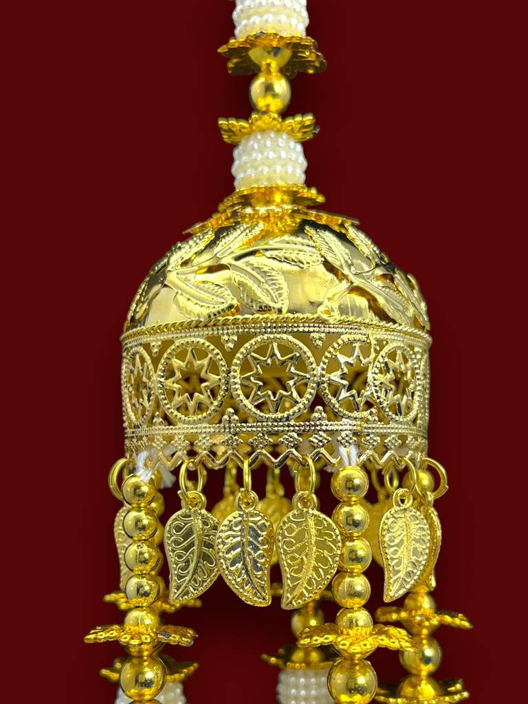 Golden Bridal Kaleera For Bride | Punjabi Wedding Kaleere With White Moti Beads & Leaf Charms | Modern Dome Desi : 2512-258-et