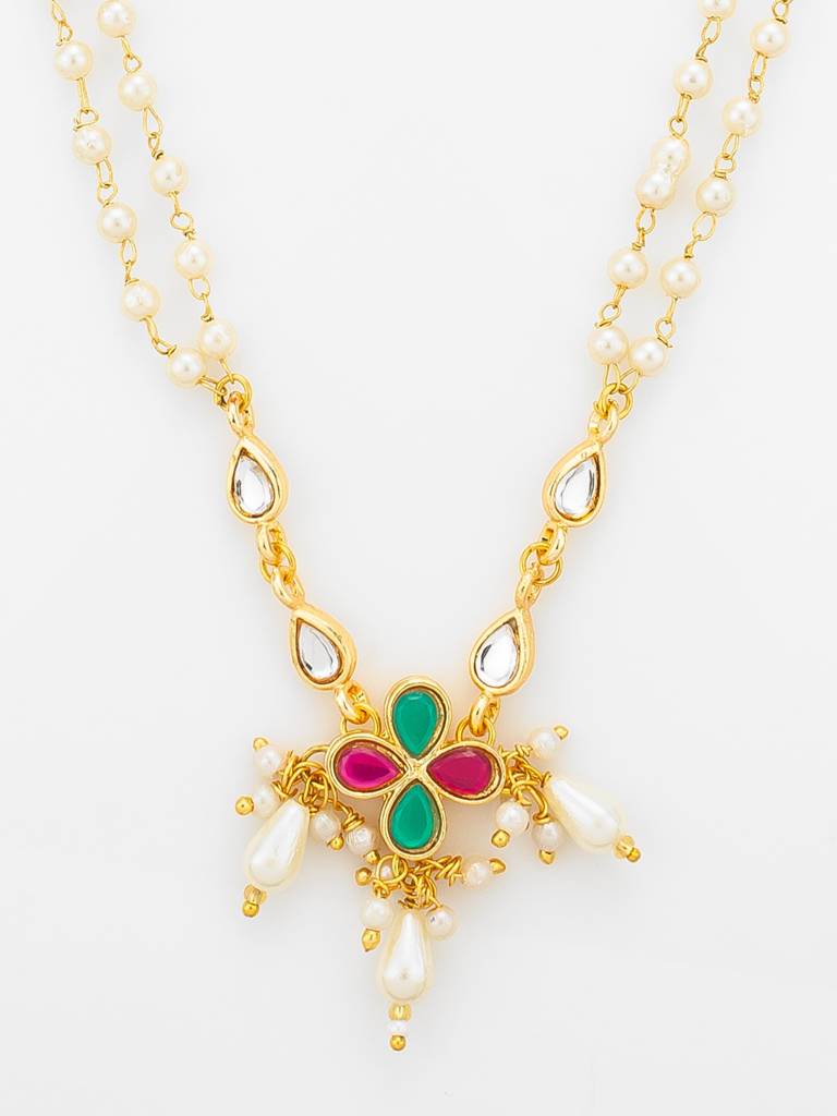 Double Strand Pearl Gold Plated Necklace With Floral Kundan Pendant : NK4892