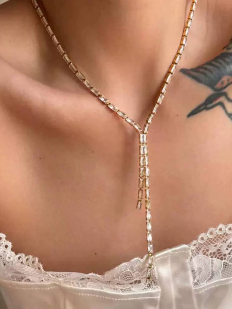 Tassel Zircon Lariat Necklace For Women Anti-Tarnish Waterproof 18K Gold Plated : ALL1125N1843WH