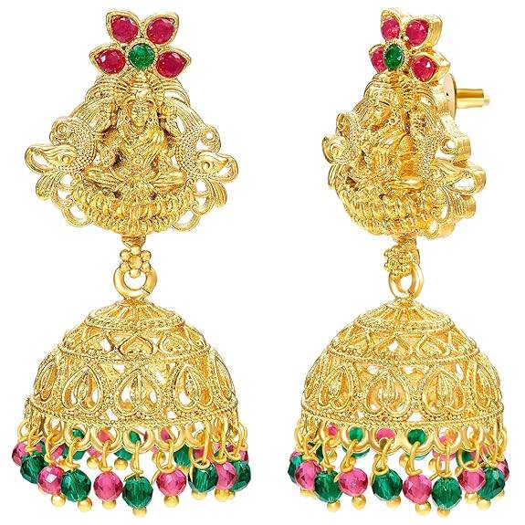 Ethnic Long Necklace Earrings For Women & Girls Gold Plated Faux Ruby Emerald & Beads Studded Festive Temple Jew : PF04NK03RPG