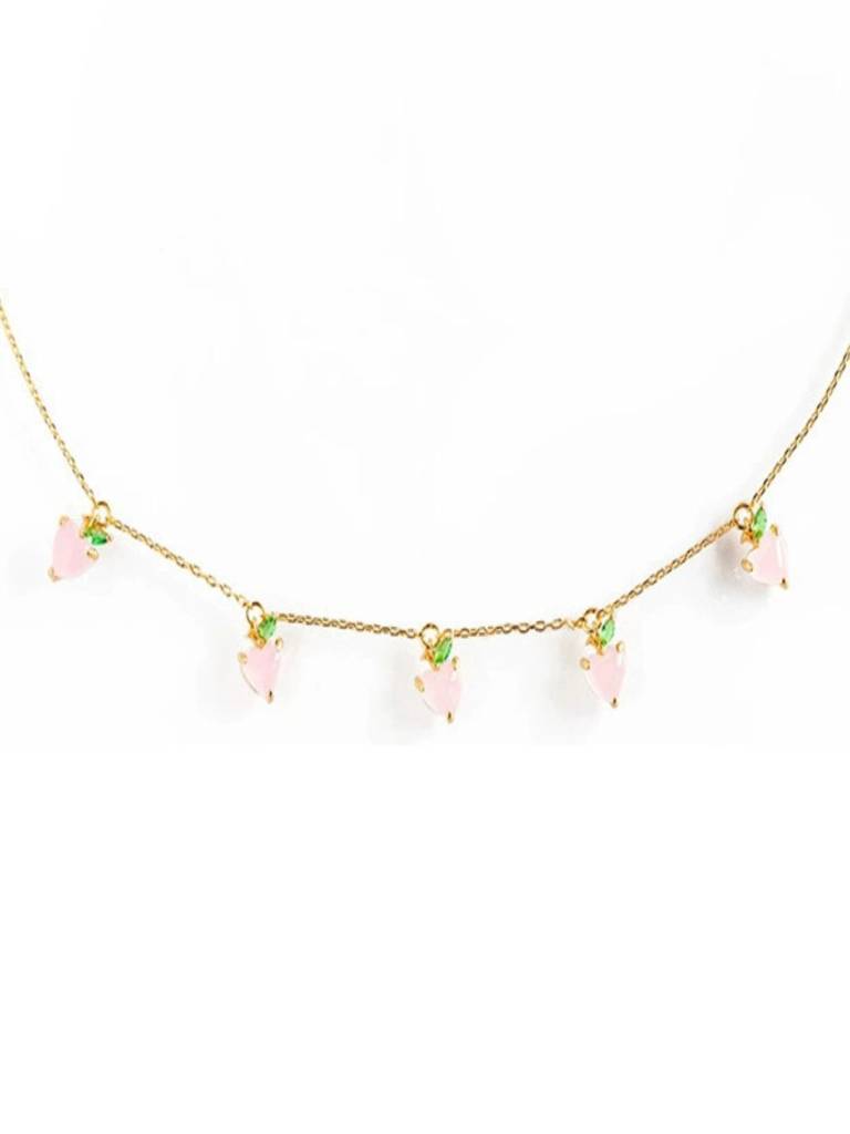 Pink Zircon Heart Strawberry Fruit Charm 18K Gold Plated Anti-Tarnish Necklace : AWU0726N92PK