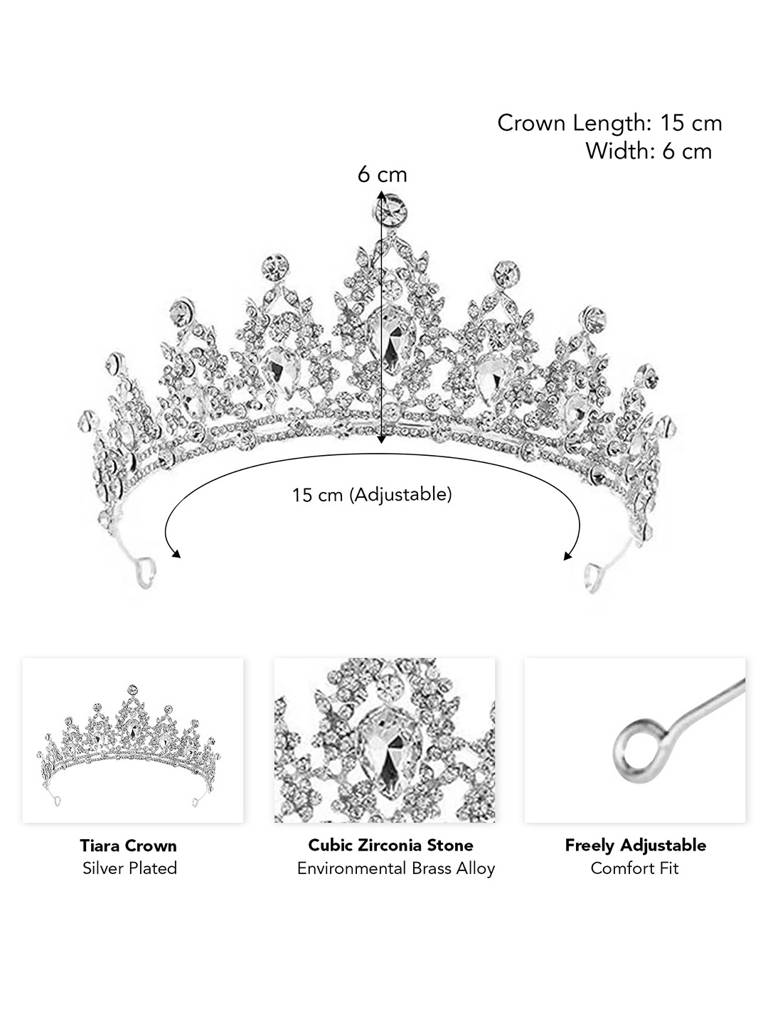 Peora Silver Plated Cubic Zirconia Studded Princess Tiara Crown Hair Accessory Gift For Girls & Women. : PX9CW09