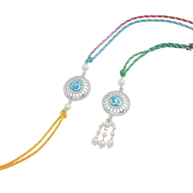 Rhodium Plated Auspicious Om Rakhi Set For Brother & Bhabhi With Silk Thread : 249-IR-RAKHI