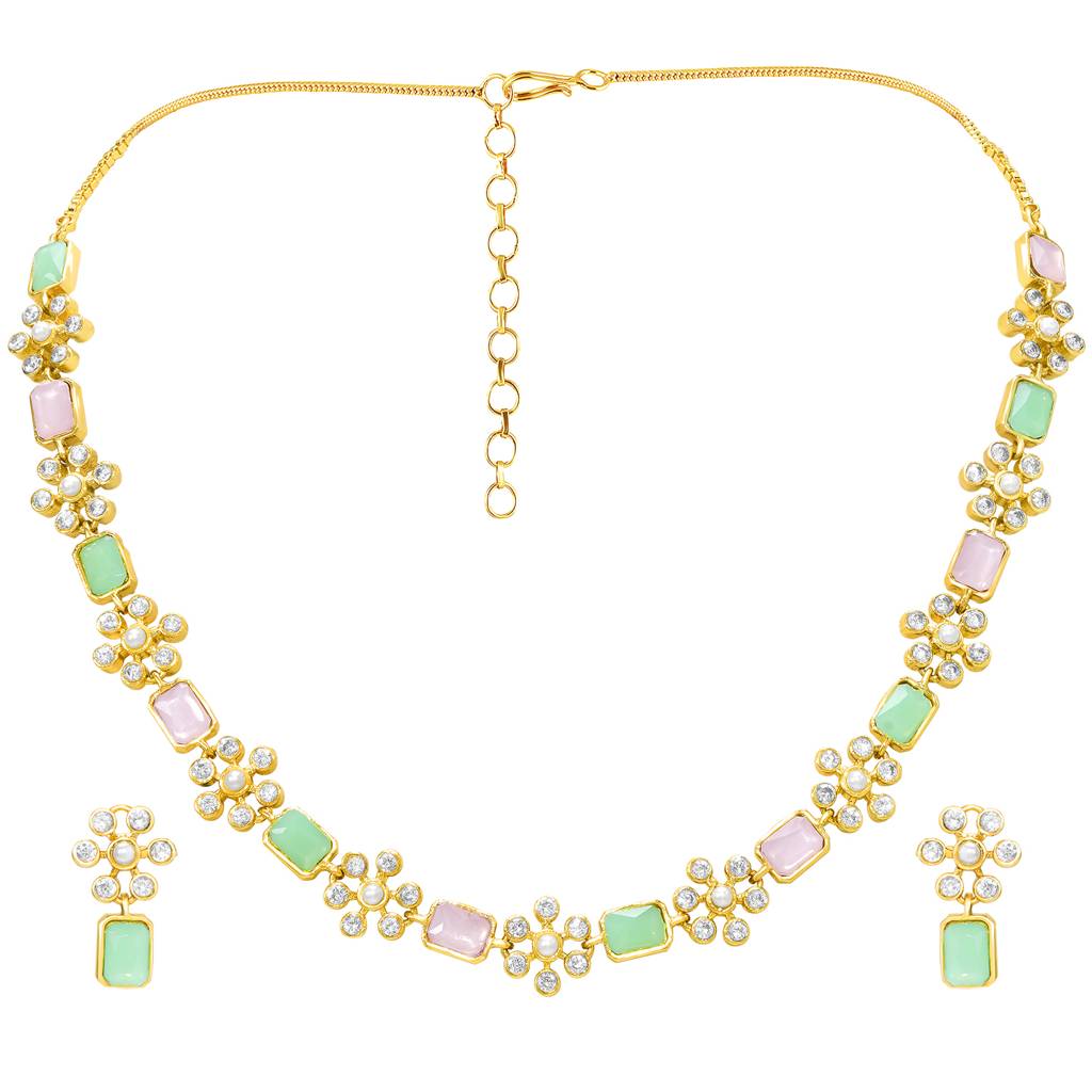 Women'S Gold Plated Mint Pink Necklace Earrings Set Crystals & Cubic Zirconia Studded Festive Bridal Jewellery : PF104N26MNTPK