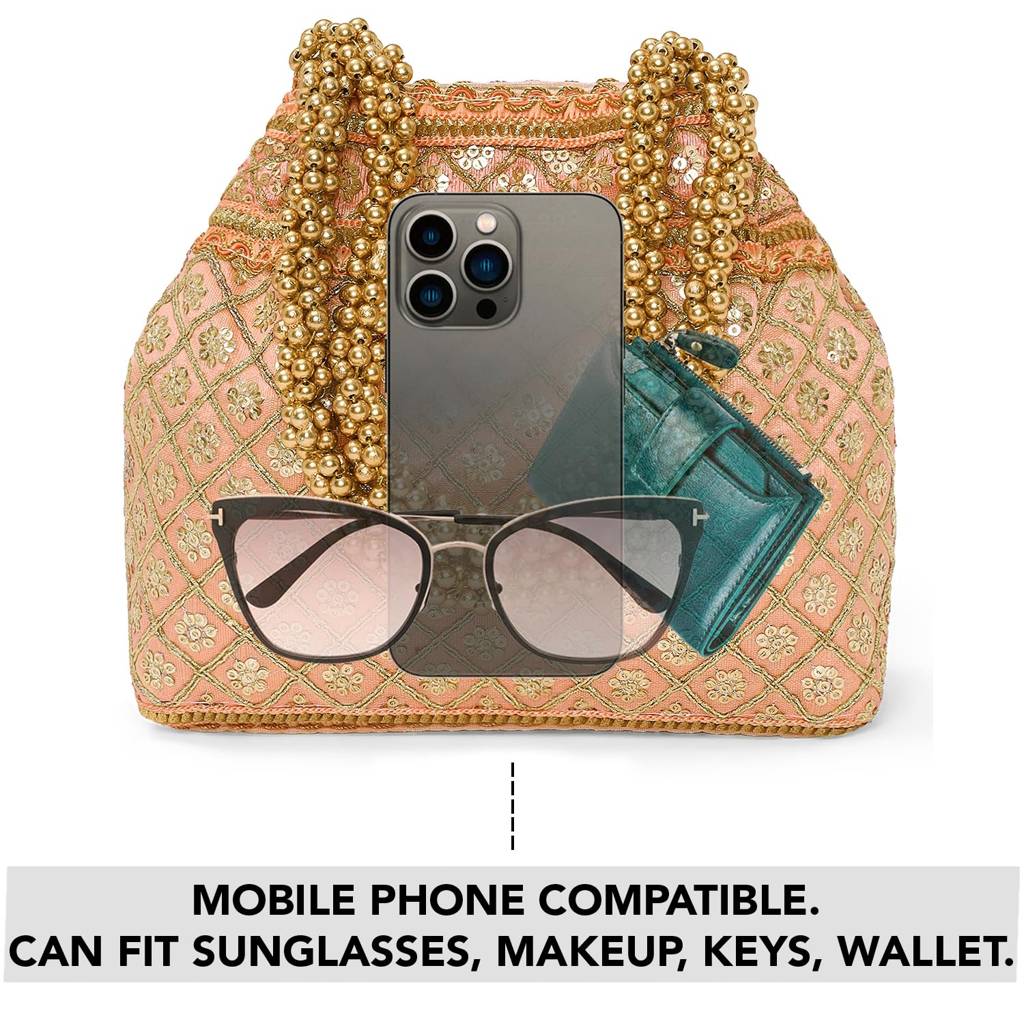 Peach Patterned Potli Bag Ethnic Wristlet Purse For Women & Girls : P121PCH