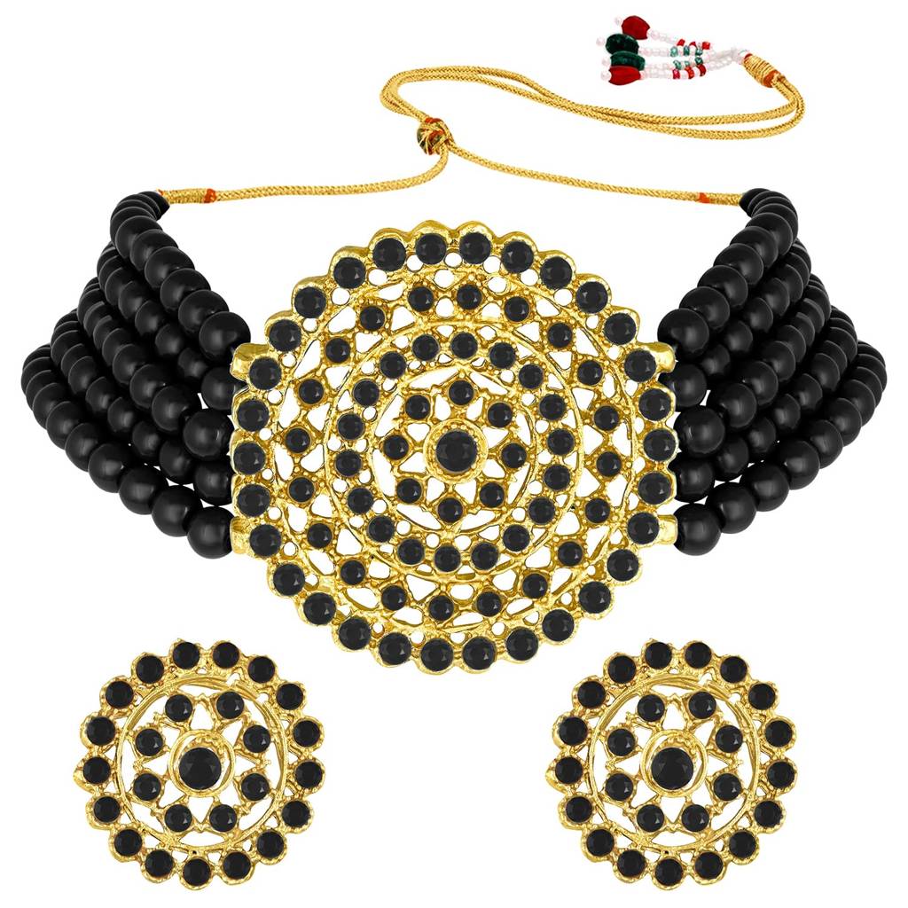 Gold Plated  Kundan Choker Necklace With Round Earrings Traditional Jewellery Set For Womens : PF26N1374BL-1