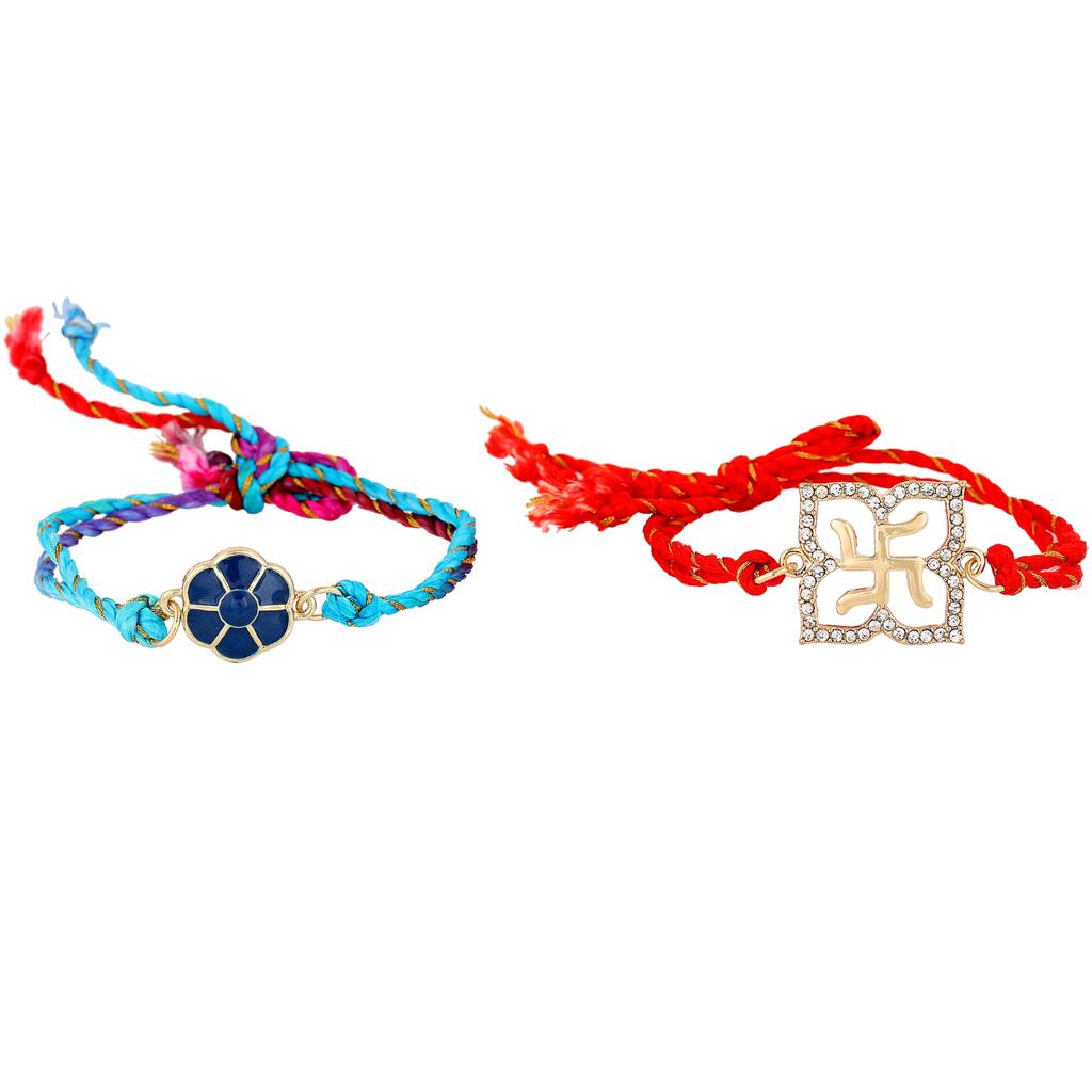 Gold Plated Blistering & Holy Swastika Bracelet With Austrian Crystals And Fancy Silk Thread (Combo Of 2) : COMBO-226-RAKHI